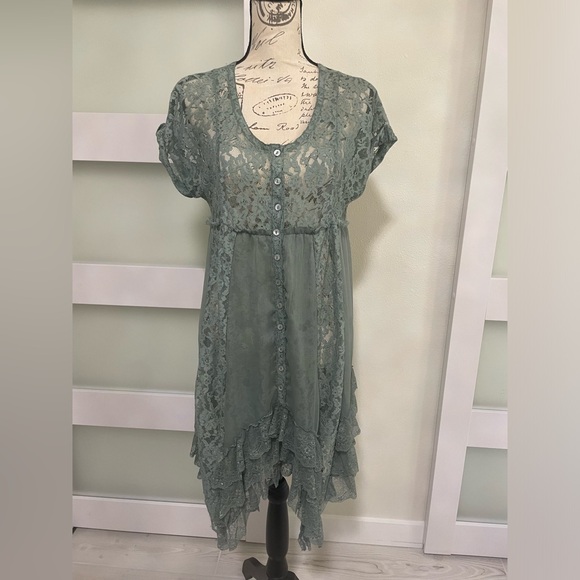 Free People Dresses & Skirts - 🪸 Free People Prairie Ruffle Dress lace light green dress SZ small EUC